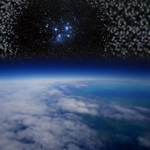 High altitude view of the Earth in space and the Pleiades.
